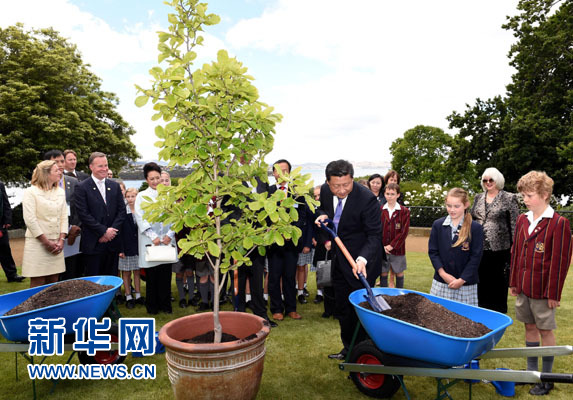 11月18日，國家主席習近平在澳大利亞塔斯馬尼亞州與朗塞斯頓市斯科奇－歐克伯恩小學的小學生共同植樹。新華社記者 饒愛民 攝